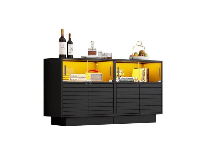 Meuble Buffet Bahut Noir 130x35x68 cm 2 Portes Vitrées LED 4 Rangements Design Moderne