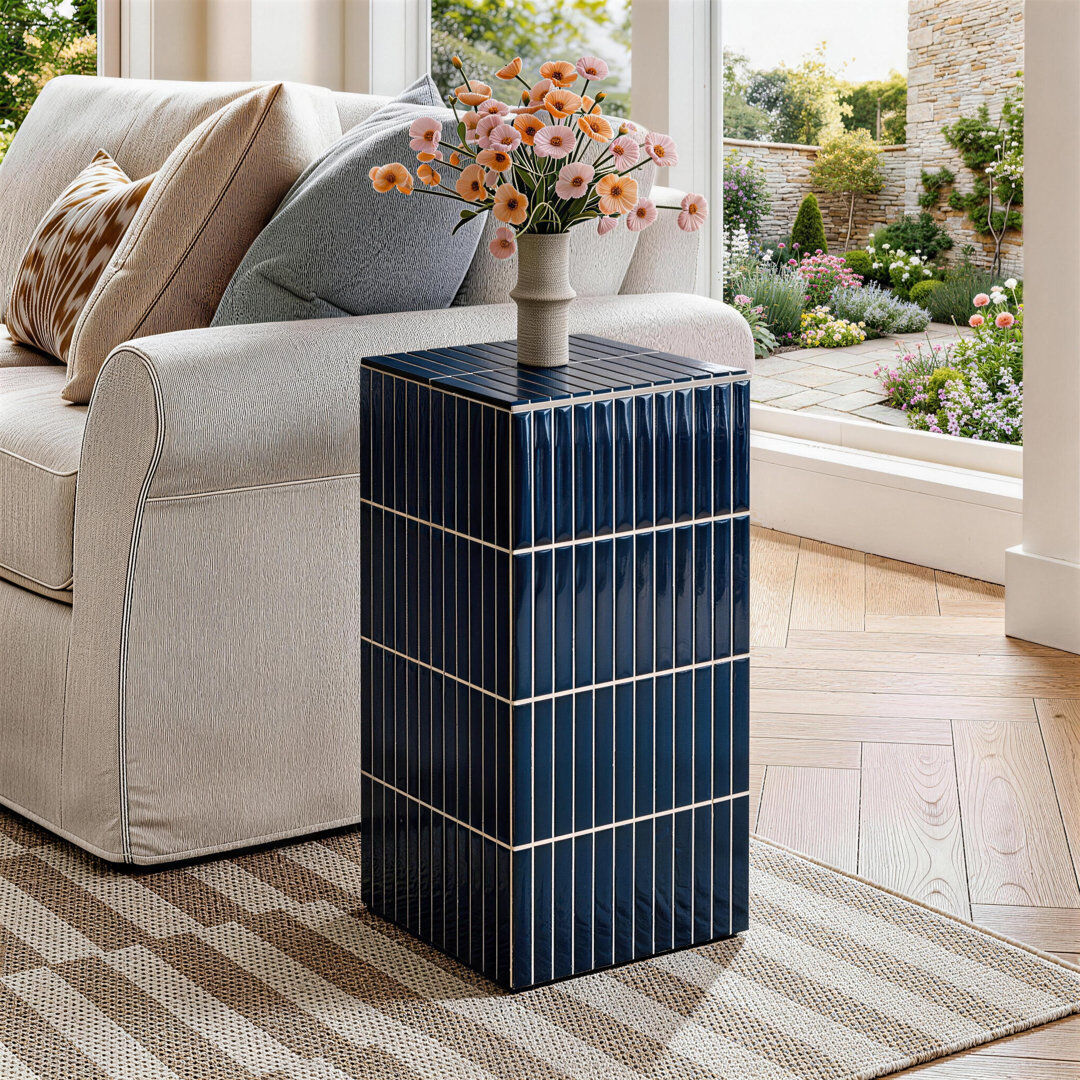 Blue Elephant 60.5cm Modern Grid-Tiled Square End Table Blue 60.5cm H X 29.5cm W X 29.5cm D