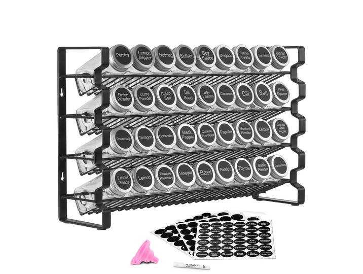 SucceBuy Organisateur de crémaillère à épices pour armoire avec 36/72 pots à épices vides couvercles étiquettes à épices et entonnoir organisateur d'assaisonnement complet