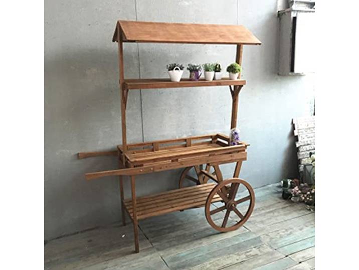 Kreativer Blumenwagenständer für den Außenbereich – Blumenladenwagen aus Holz für den Innen- und Außenbereich. Dekoratives Regal für Gartenmärkte und Veranstaltungen. Perfekt zur Förderung v