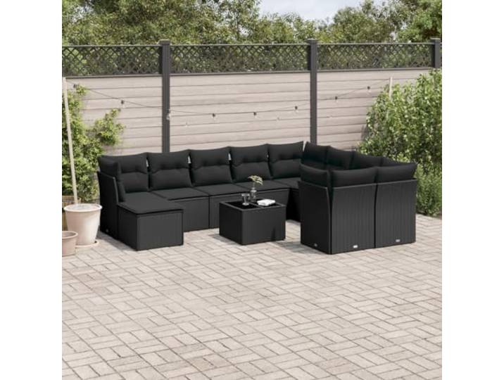 KTHLBRH Gartenmöbel-Set, 11-teilig, mit Kissen, schwarz Robustes Polyrattan, wasserdichte Aufbewahrungsbox, Glastisch, modulares Design