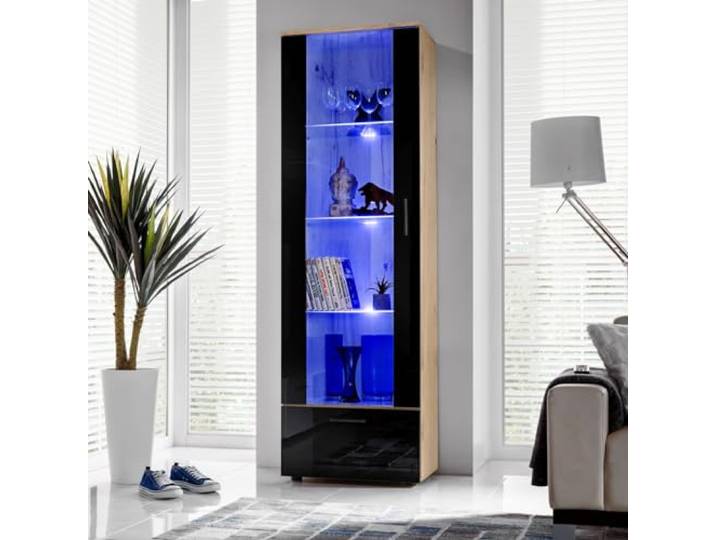 Komodee Vitrine Alessandria A1 Wotan/Schwarz 60x192x42 cm Vitrine Alessandria, Wotan/Schwarz, Breite 60cm x Höhe 192cm x Tiefe 42cm, LED Blau , 3 Glasböden, für Wohnzimmer