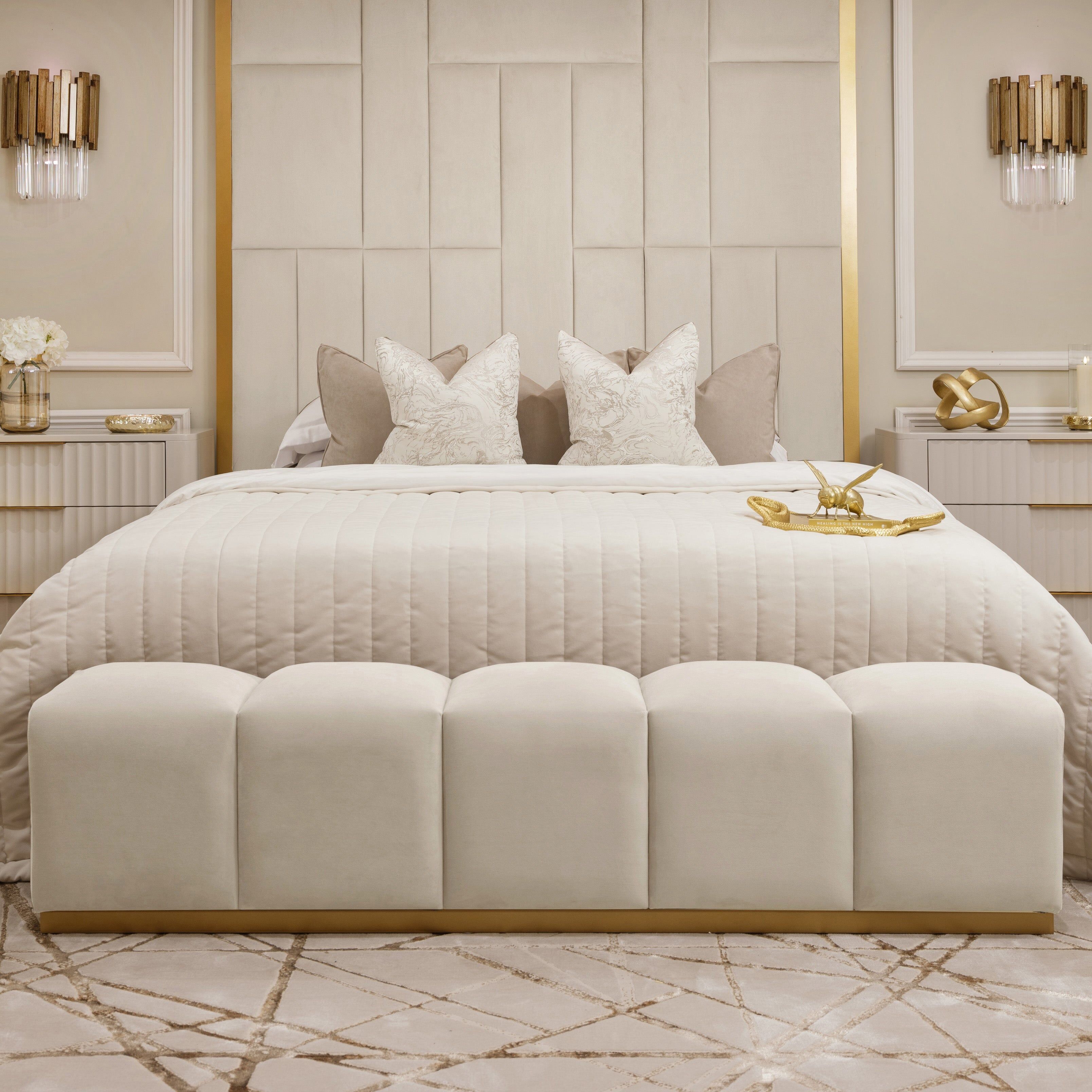 Venus Cream & Gold Premium Upholstered Bench, Super King