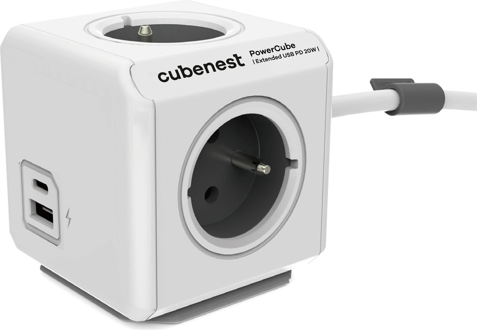 Cubenest Powercube Extended USB PD 20W met A+C aansluiting, 4 stopcontacten en 3 meter kabel, wit/grijs