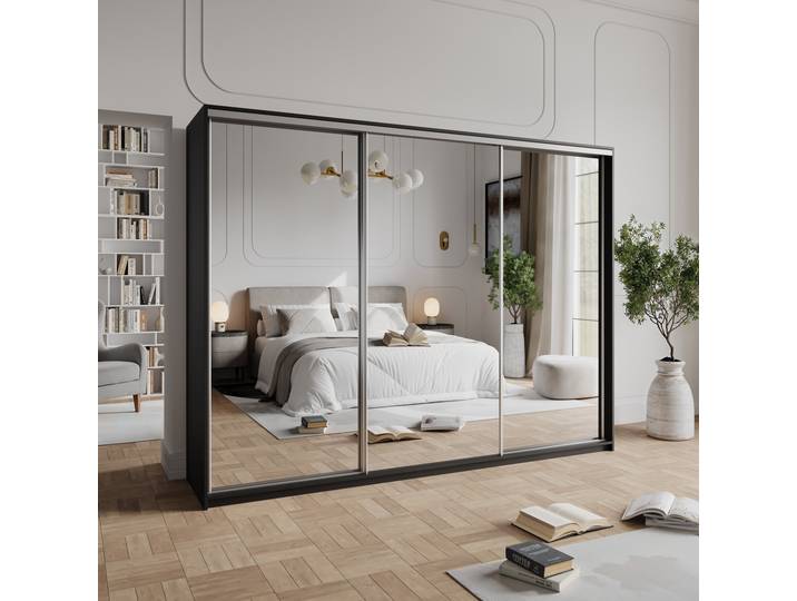 Masseno Schiebetürenschrank RIEN 270/205/60cm 3-türig mit Spiegel Schwarz
