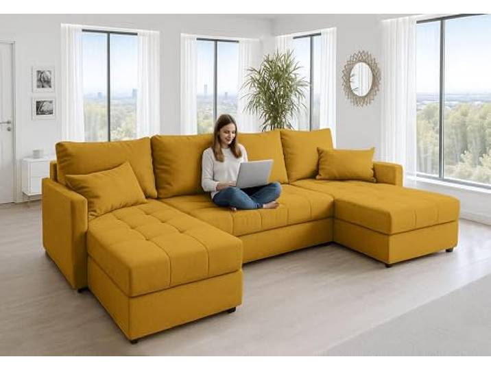 AXLIVING Ecksofas groß Dolceo 287 cm Sofa gelb mit Schlaffunktion Luxuriöser Bezug wie bei einem Ecksofa Samt XXL. Liegefläche von 120 × 267 cm. Pflegeleicht, farbecht und langlebig.