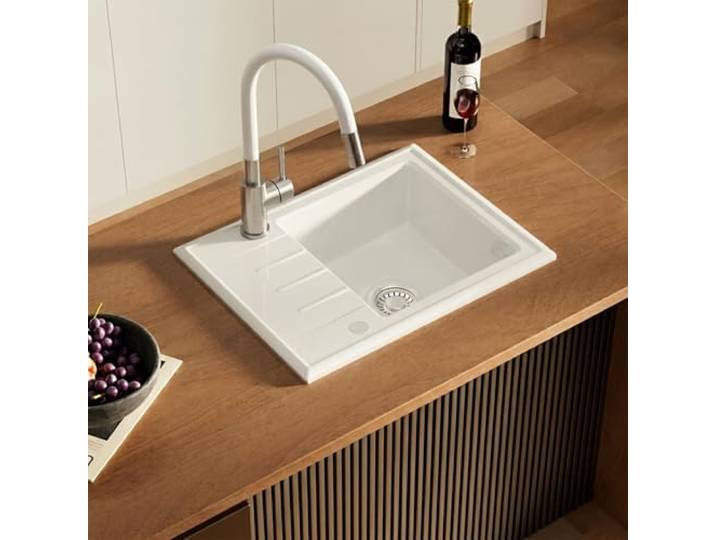 CECIPA Spülbecken 60x46, Küchenspüle Keramik Weiß, Leicht zu Reinigen, Hitzebeständig,Waschbecken Küche mit 2 Vorbohrungen, Küchenarmatur Flexible, Spültischarmatur 360°Schwenkbar