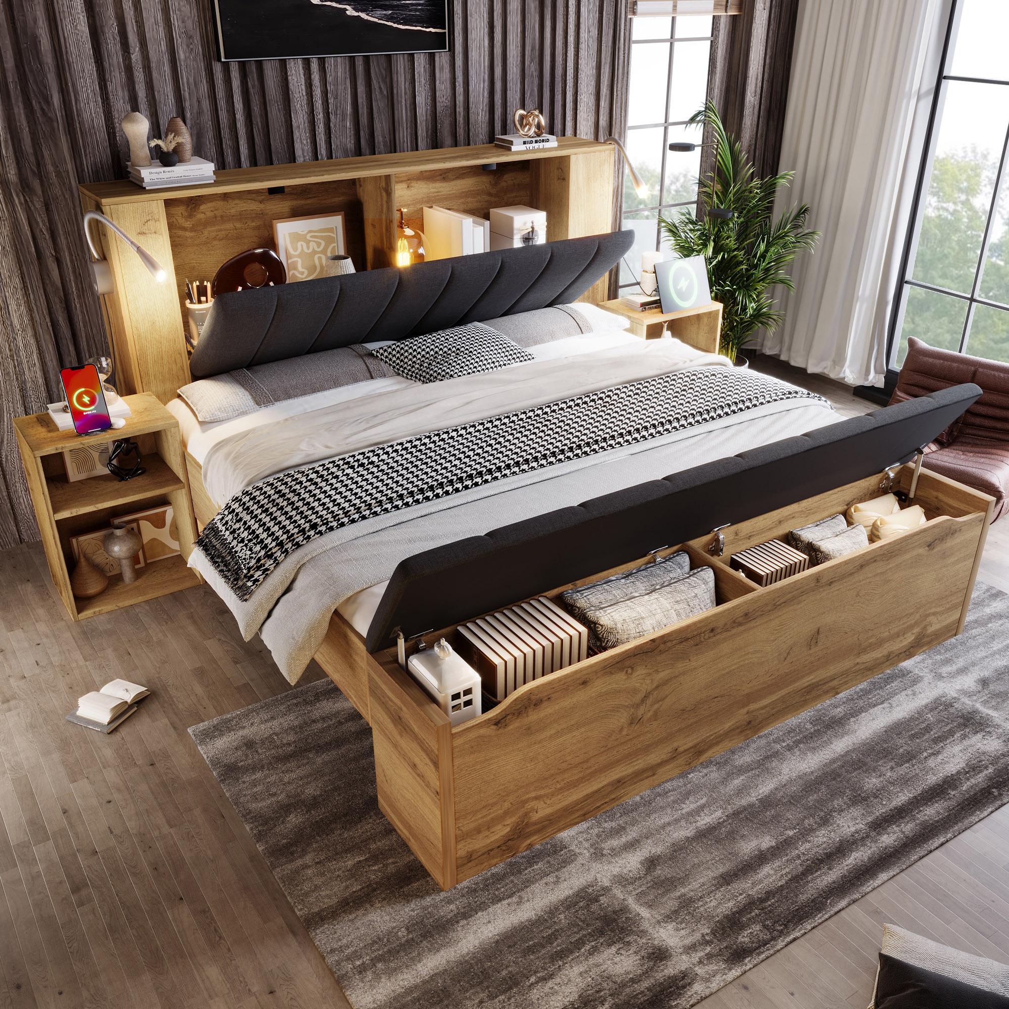 Doppelbett 180 x 200 cm Holzbett mit klappbarem Kopfteil Stauraum zwei Nachttische Bettbank mit Stauraum Leselampen mit USB Lattenrost ohne Matratze