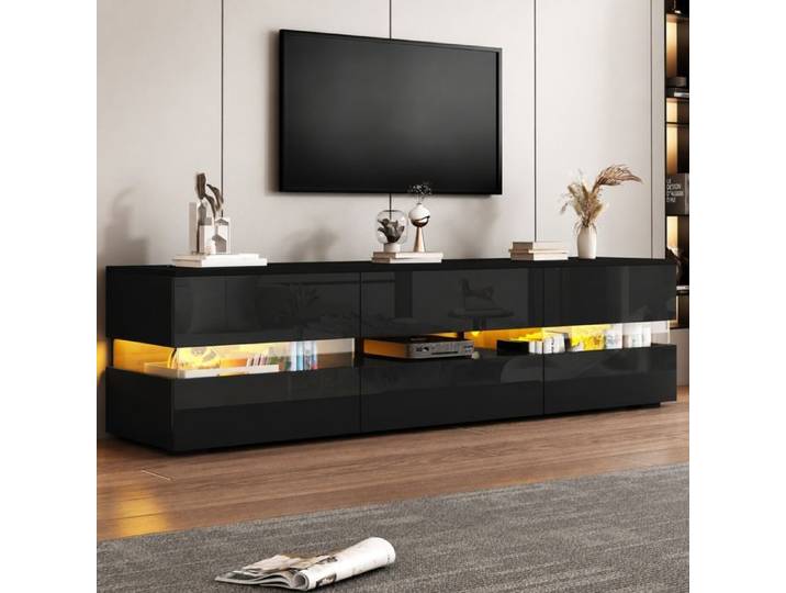 Norevia Meuble TV noir 160 cm avec éclairage LED et façade brillante TV jusqu'à 70 pouces