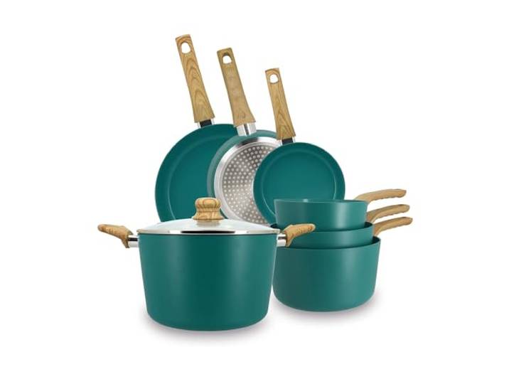 Menastyl Set 7 Pièces bleu canard Casserole Poêle Faitout en aluminium