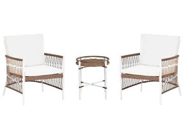 Beliani Balkonset 3-teilig Aluminium/Rattan weiß Tisch mit 2 Stühlen u. Auflagen Levico