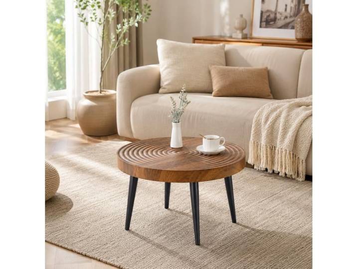 HOMVRA Table basse ronde 60 cm effet bois noyer pieds métal noir petite table pour salon