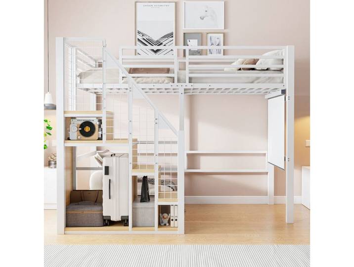lit adulte 90x200 mezzanine rangement metal chambre enfant blanc EVRYAE