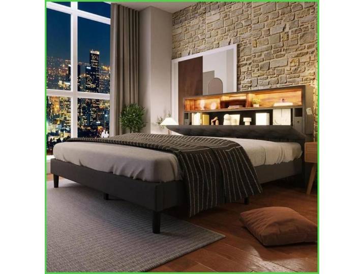 Bett Double à Rangement Tête de Lit + LED - 140x200 cm - Gris