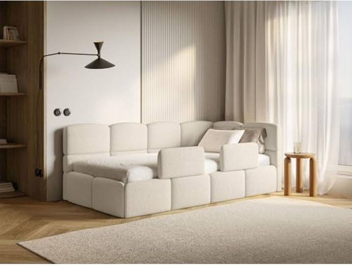 Selsey Jugendbett 90x200 cm Rechts Komfortables Polsterbett mit Bettkasten Sicherer Schlaf Rausfallschutz-Gitter Modernes Design Stabiler Holzrahmen Hellbeige Ideal Kinderzimmer