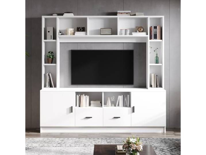 QQJIN Tv Wohnwand Set 180cm Weiß mit Vitrine Regal und Tv Board Tv Möbel Set mit 2 Schränken, 2 Schubladen Und 11 Staufächern, Lowboard Stehend Für Tv Bis 60 Zoll, Wohnzimmerwand