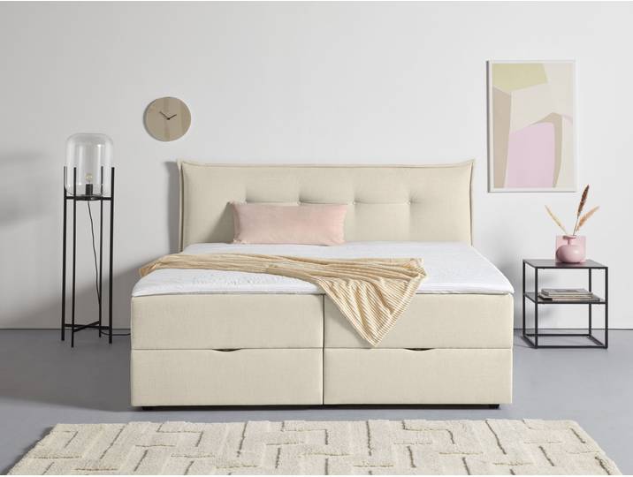 Boxspringbett, Struktur, Beige, 205×213 cm, Inklusive Bettkasten & Topper, Skandinavisch, andas