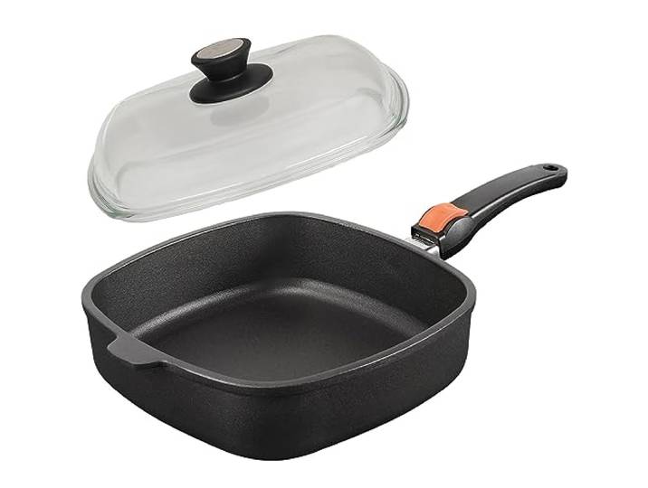 SKK große 2-tlg. Bratpfanne 26x26 cm - Induktion - eckige beschichtete Aluguss Hochrandpfanne - Stiel abnehmbar & Vollglas Deckel - Made in Germany