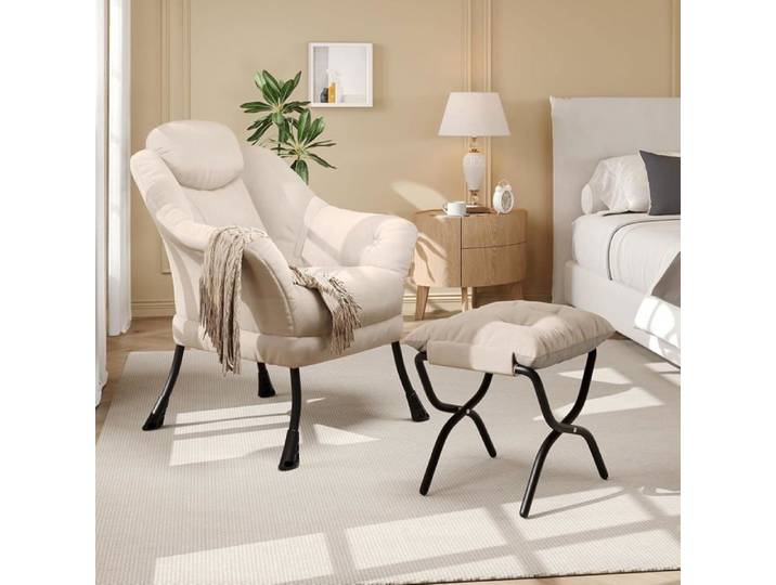 Fauteuil Relax Fauteuil Paresseux Avec Repose-Pieds Accoudoirs Et Une Poche Latérale Pour Chambre Salon Beige