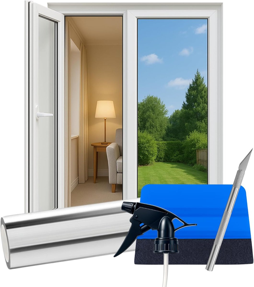 Zelfklevende Raamfolie One Way Mirror met UV- en Warmtebescherming en Raclette, 60 x 300 cm