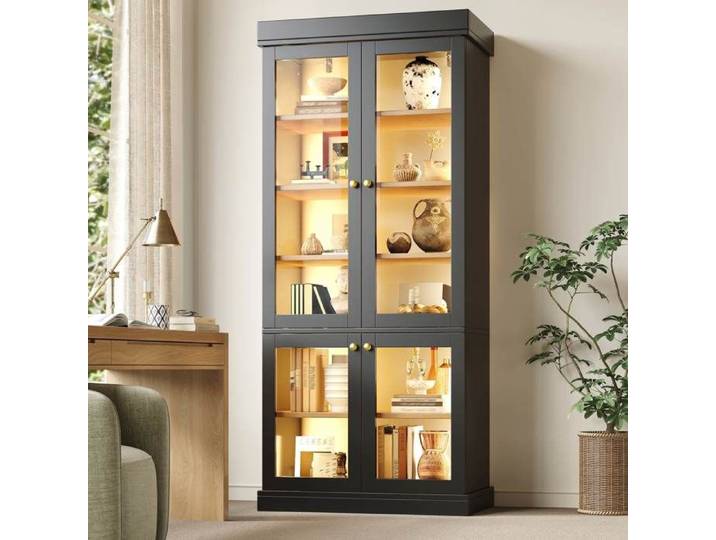 Vitrine Haute 80x40x180 cm Portes Vitrées LED Multicolore Réglable Étagères Ajustables 2 Systèmes Anti-Basculement MDF Noir