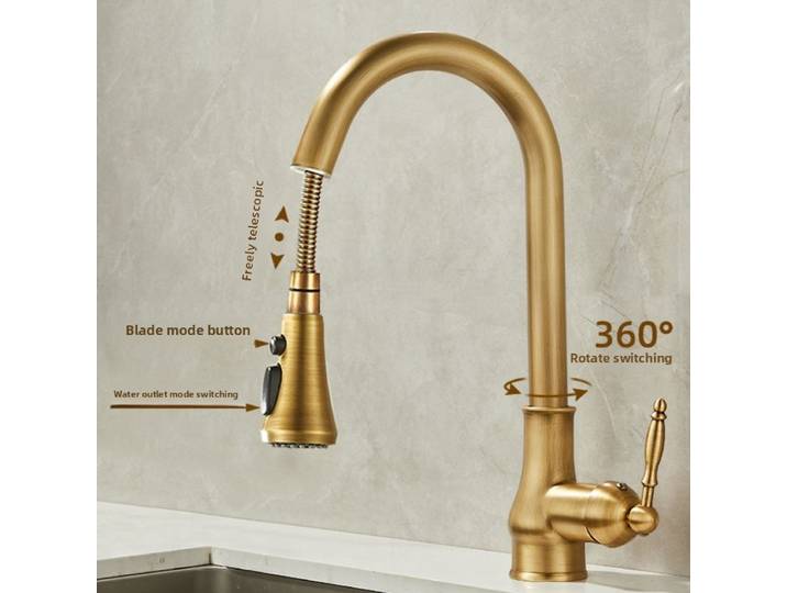 Robinet de cuisine en laiton Antique, bec extractible, robinets de cuisine noirs monotrou pivotant, robinets mélangeurs de cuisine d'eau chaude et froide
