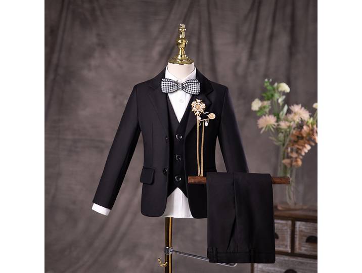 Jakcet Black Flower Boys GlaPants Set pour enfants, costume de performance de photographie, mariage imbibé, anniversaire formel, remise des diplômes, enfants, 3 pièces