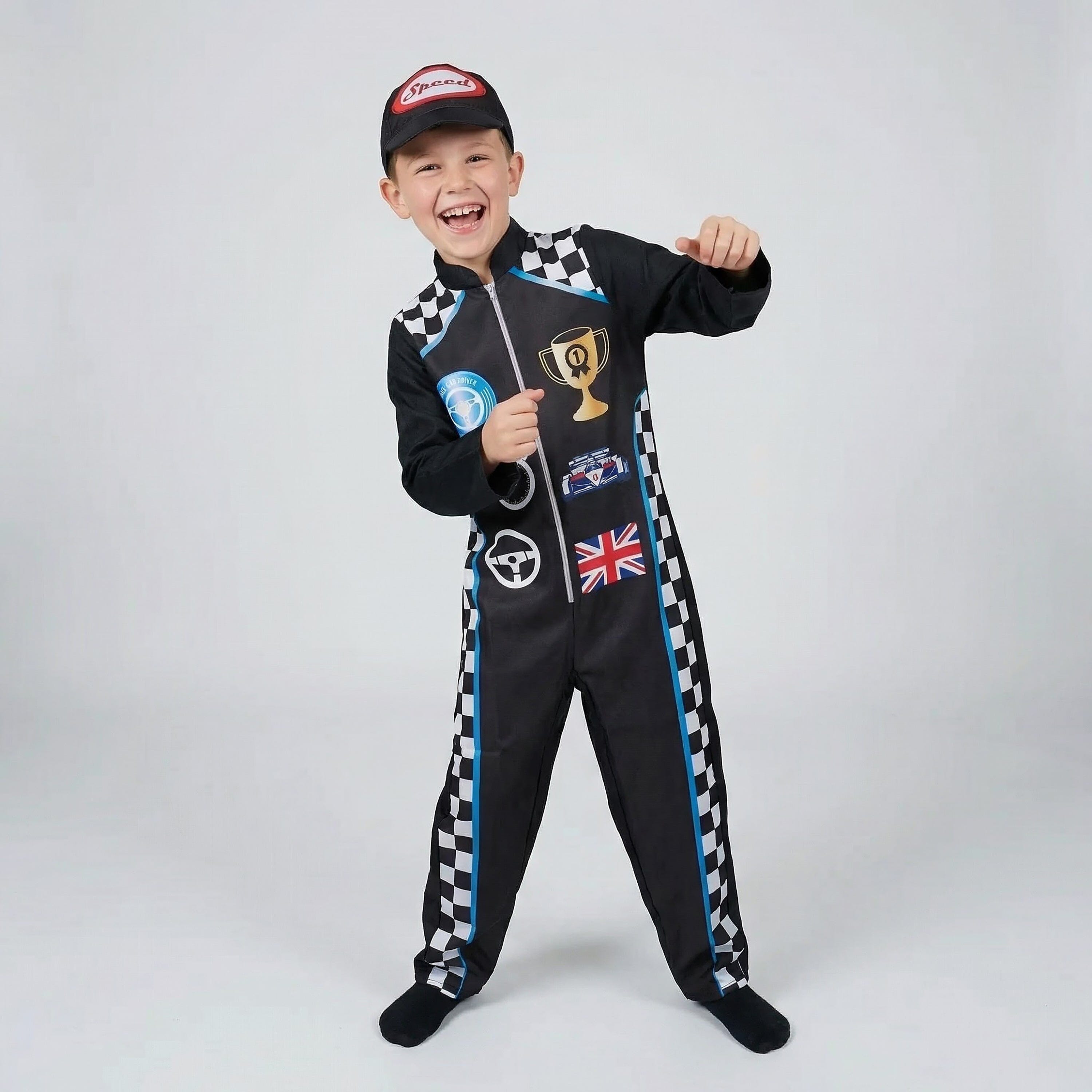 Smiffys Racing Driver Costume with Jumpsuit & Cap, Boys Fancy Dress, Child Dress Up Costumes Smiffys