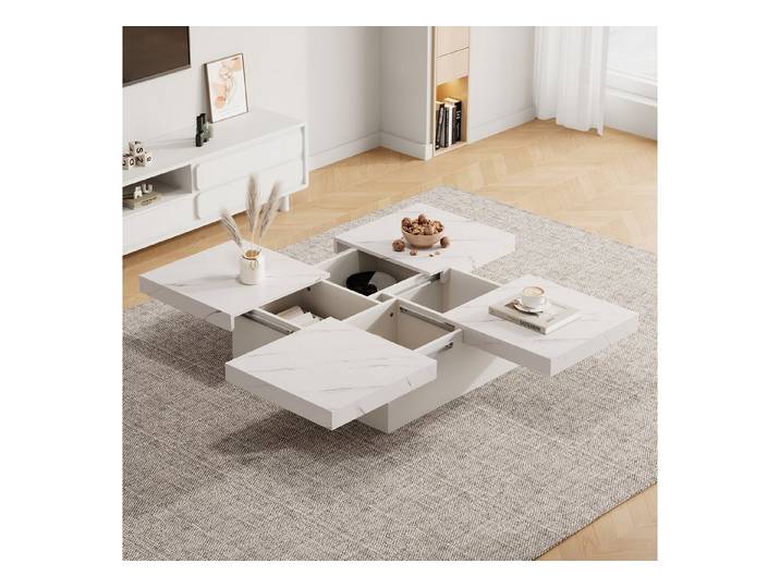 Odikalo Couchtisch Kaffeetisch Quadratischer Marmor 90x90x25cm–Schiebbarer Tischplatte