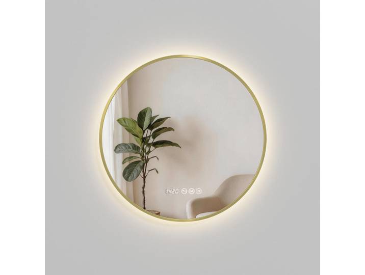 Emke Badspiegel mit LED-Beleuchtung Anti-Beschlag Zeitanzeige Goldfarben Ø 60 cm, Glas, Rund, 60x60x3 cm, Badezimmer, Badezimmerspiegel, Badspiegel