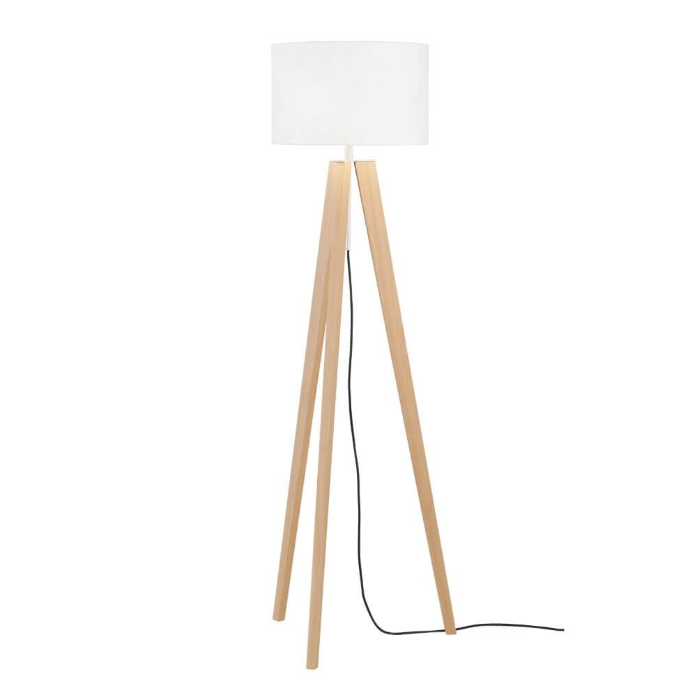 Fischer & Honsel Tripod Shine-Wood vloerlamp met witte kap en houten onderstel