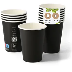 BIOZOYG 50 Stück Einwegbecher 300ml / 12oz Pappbecher Einmalbecher schwarz bedruckt Kaffee Heißgetränke Recycling biologisch kompostierbar