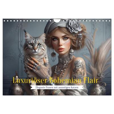 Luxuriöser Bohemian Flair - Elegante Frauen mit anmutigen Katzen (Wandkalender 2027 DIN A4 quer), CALVENDO Monatskalender
