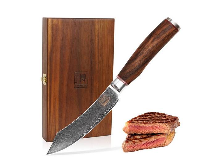 ZAYIKO Steakmesser Kurumi 4er Damastmesser-Set 12cm Klingen Nussbaumgriffe Holzbox (4 Stück), Damaststahl, VG10-Kern