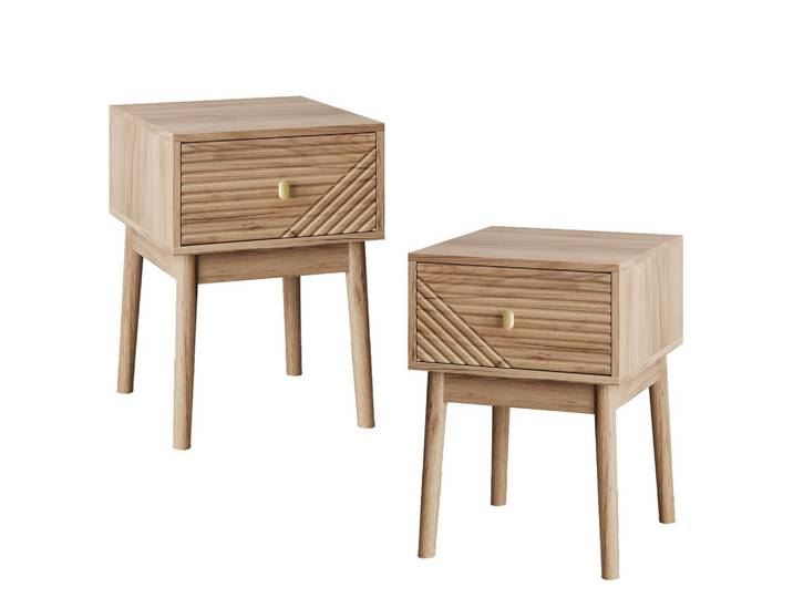 NACHTTISCH Set 2er Eiche 40 cm – Mid Century Nachtkonsole mit Strukturfront & Metallgriff