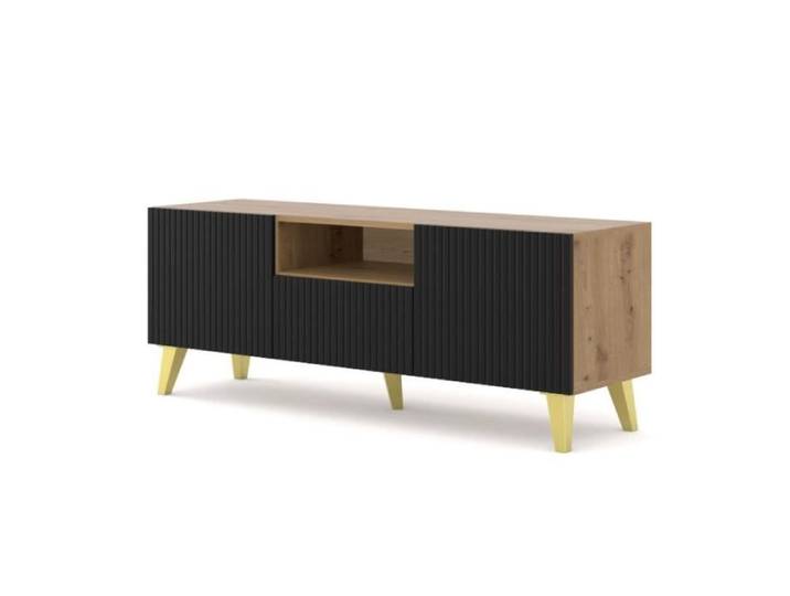 Meubles TV - AC-Déco - Meuble TV à 2 portes + 1 tiroir avec pieds doré  Ravenna  - Beige/Noir - L 150 cm