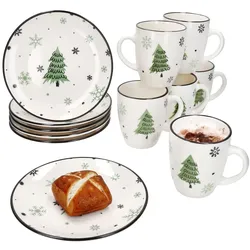 12tlg Frühstücksset Weihnachtsbaum Steingut 6 Personen Teller Becher Weihnachten