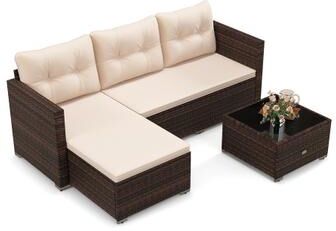 Costway 4 Seats Outdoor Wicker Furniture Set with Tempered Glass Coffee Table and Soft Cushions-Beige