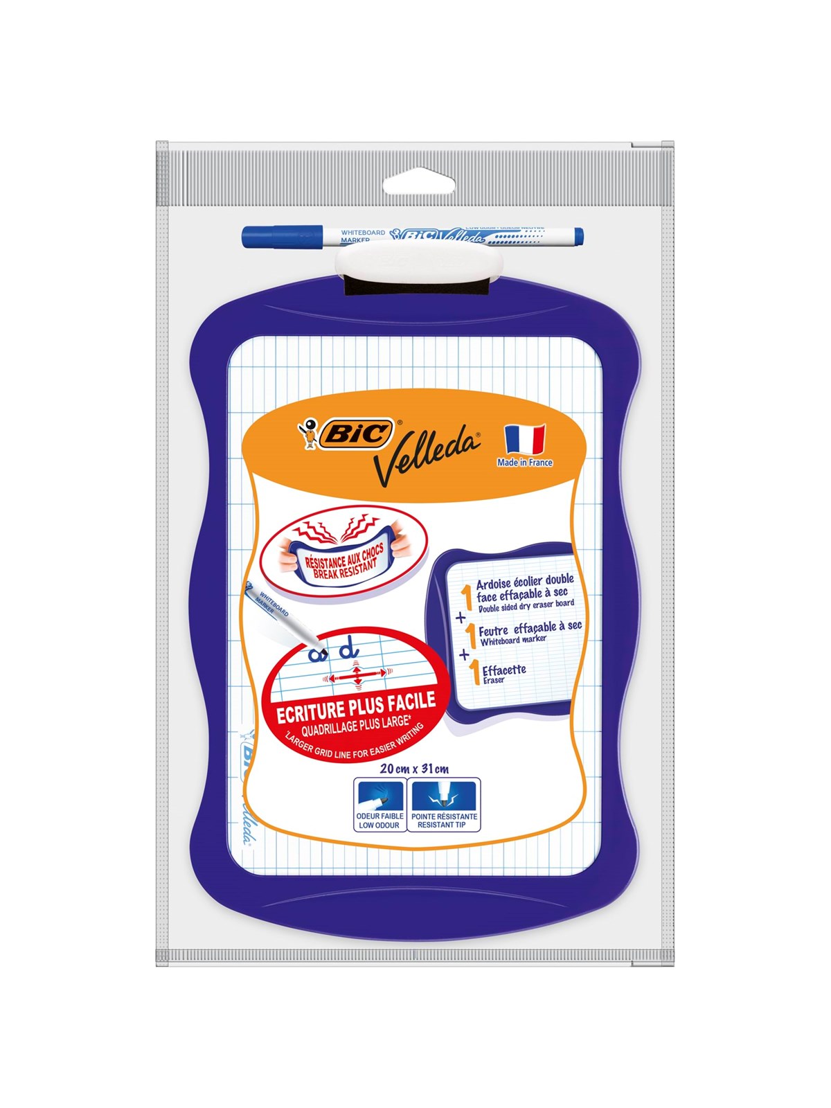 BIC Velleda Double-Sided Dry Erase Board (21 x 31 cm) Trocken abwischbare Tafel, doppelseitig, mit Whiteboard-Marker und Radierer - Farblich sortierte Rahmen, 1er Packung