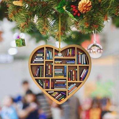 Inspire Daily Merch Heart Shaped Bookshelf Pendant Christmas Tree Decoration Wooden Ornament For Book Lovers Holiday Gift Heart Shaped Bookshelf Pendant Christmas Tree Decoration Wooden Ornament For Book Lovers Holiday Gift