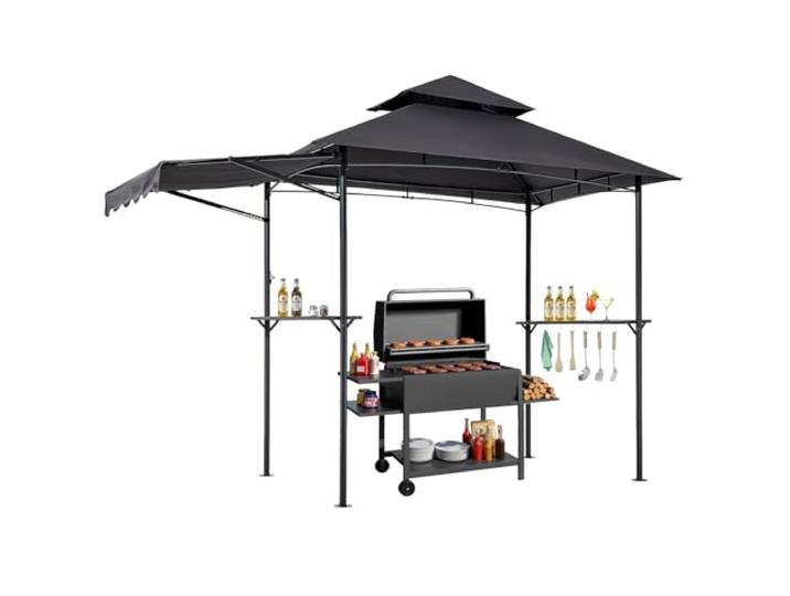 VEVOR Gazebo de Barbecue\, 243x150 cm\, Tonnelle de BBQ Extérieur avec Auvent\, Toit à 2 Niveaux\, Abri de Barbecue Patio Acier Thermolaqué\, pour Grillades\, Fêtes\, Pique-niques\, Jardin\, Terrasse\, Patio