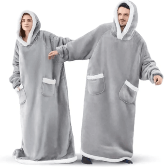 Inspire Essentials CozyWrap Super Long Flannel Blanket Hoodie Oversized Wearable Blanket 4 Ft 11 In gray