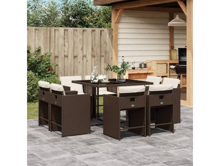 KTHLBRH 9-teiliges Gartenmöbel-Set mit braunen Kissen Strapazierfähiges Polyrattan, Klappstühle, Glastisch, waschbar, für Terrasse