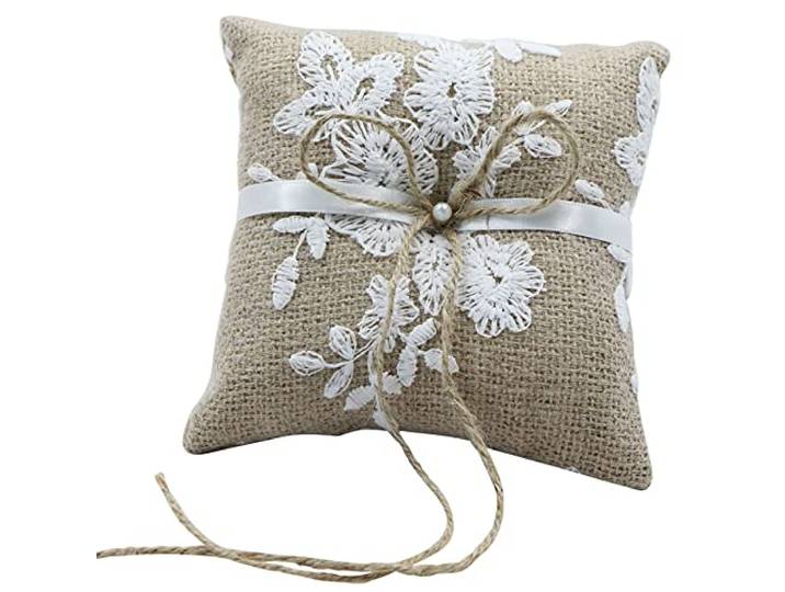 Ringkussen, borduurringkussen, bruiloft-ringkussen, 15 x 15 cm, bruiloft, vintage, jute kant, bloemen, rustieke trouwringen, bruidskussen, trouwring kussen
