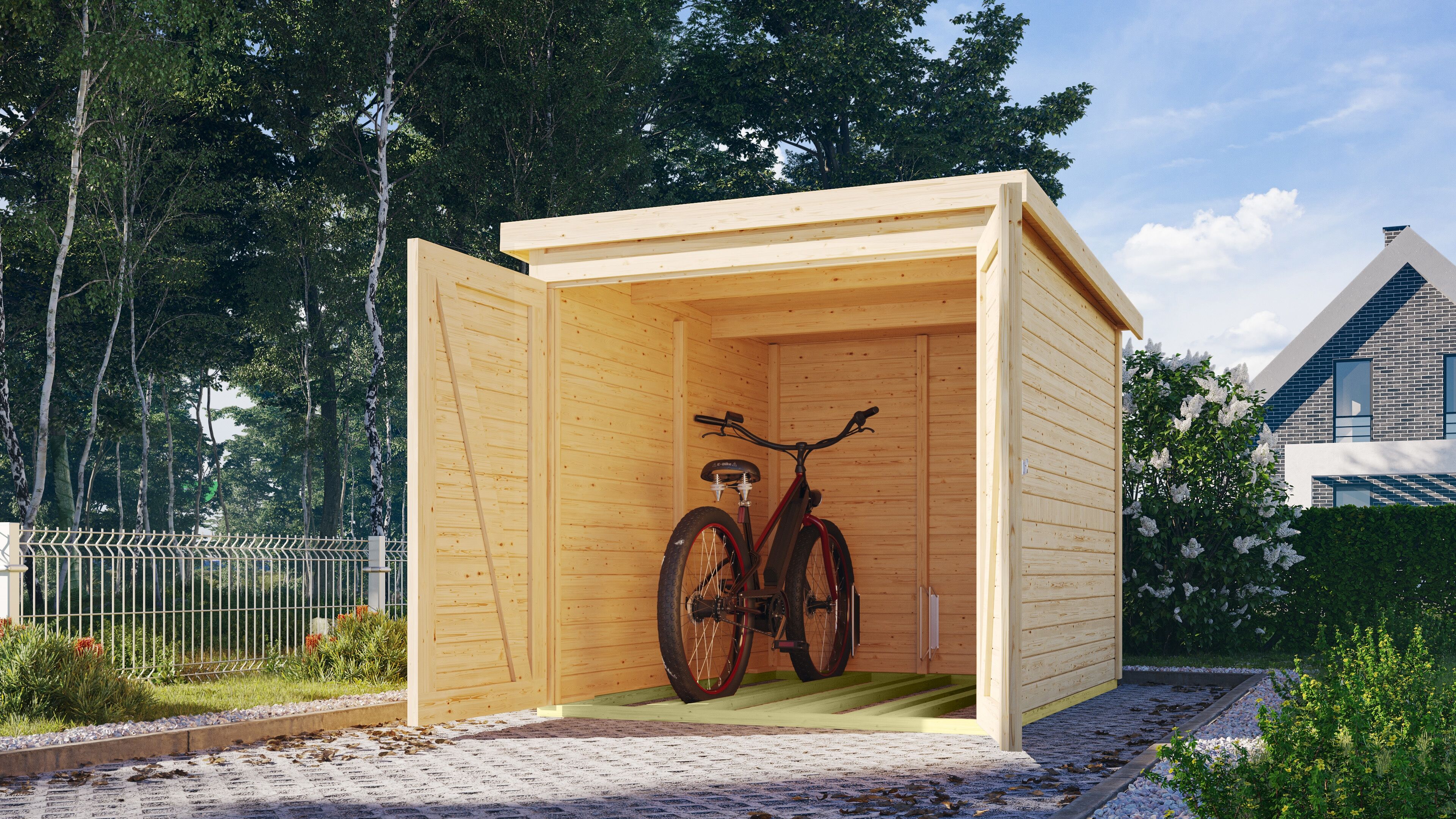 Fahrradbox KARIBU "Fahrradgarage mit Einschub und Halterung für bis zu 3 Fahrräder", beige (naturbelassen), B:162,5cm H:167cm T:216,5cm, Holzwerkstoff, Aufbewahrungsboxen, Fahrradbox, Made in Germany, BxTxH: 162,5x216x167 cm