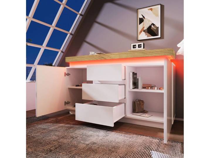 Commode Blanche Brillante 2 Portes 3 Tiroirs Buffet FloraGrace Pour Salon Chambre LED Controle Appli 140x39x81cm