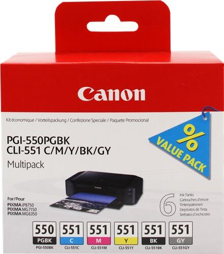 Canon Original PGI-550/CLI-551 Druckerpatronen 6er-Multipack - PGBK/GY/C/M/Y/BK 6496B005