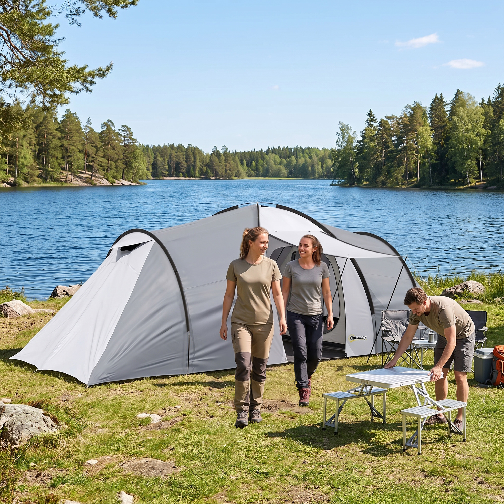Outsunny Tenda da Campeggio 4-5 Persone con 2 Camere Impermeabile con Baldacchino, 590x245x193cm, Grigio Aosom