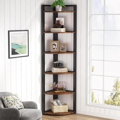 Tribesigns 5 Tier Corner Shelves, Rustic Industrial Corner Bookshelf Bookcase