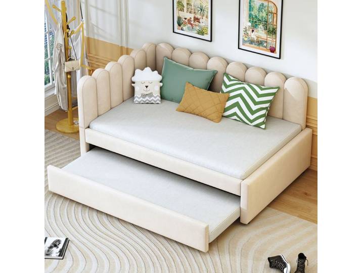 Lit banquette Double 140×200 cm gigogne dossier fleuri et angle en L - MEUNIQ - sans matelas velours beige